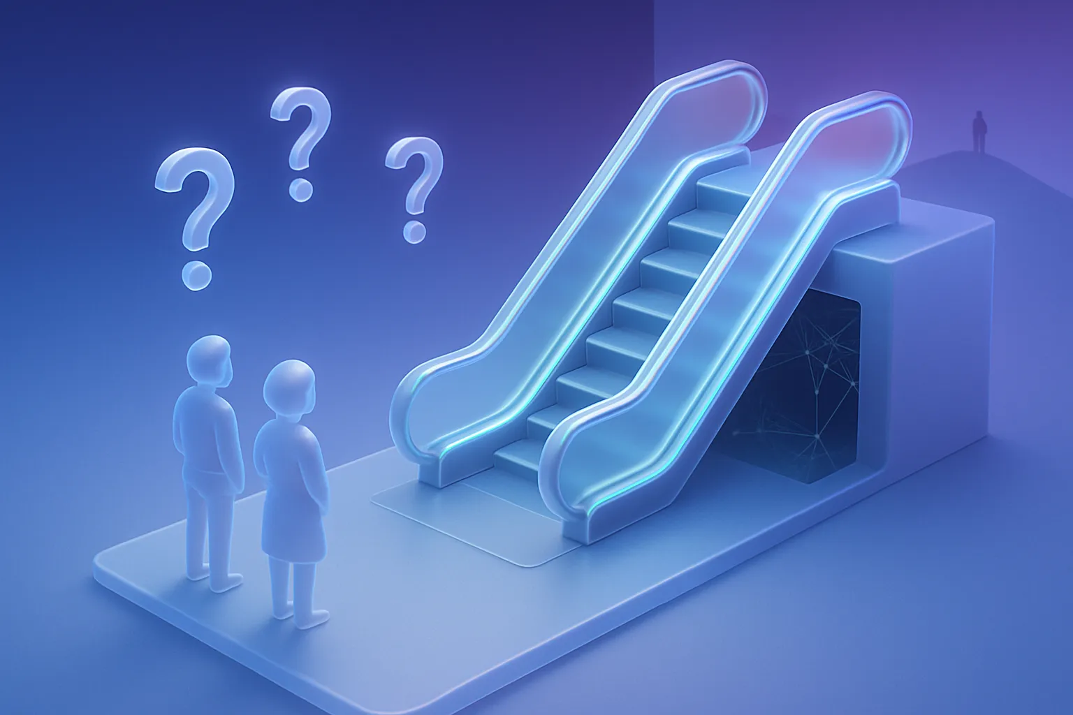 Tiny investors confused by a massive downward escalator into a cobweb-filled basement; subtle Elon silhouette on hill.
