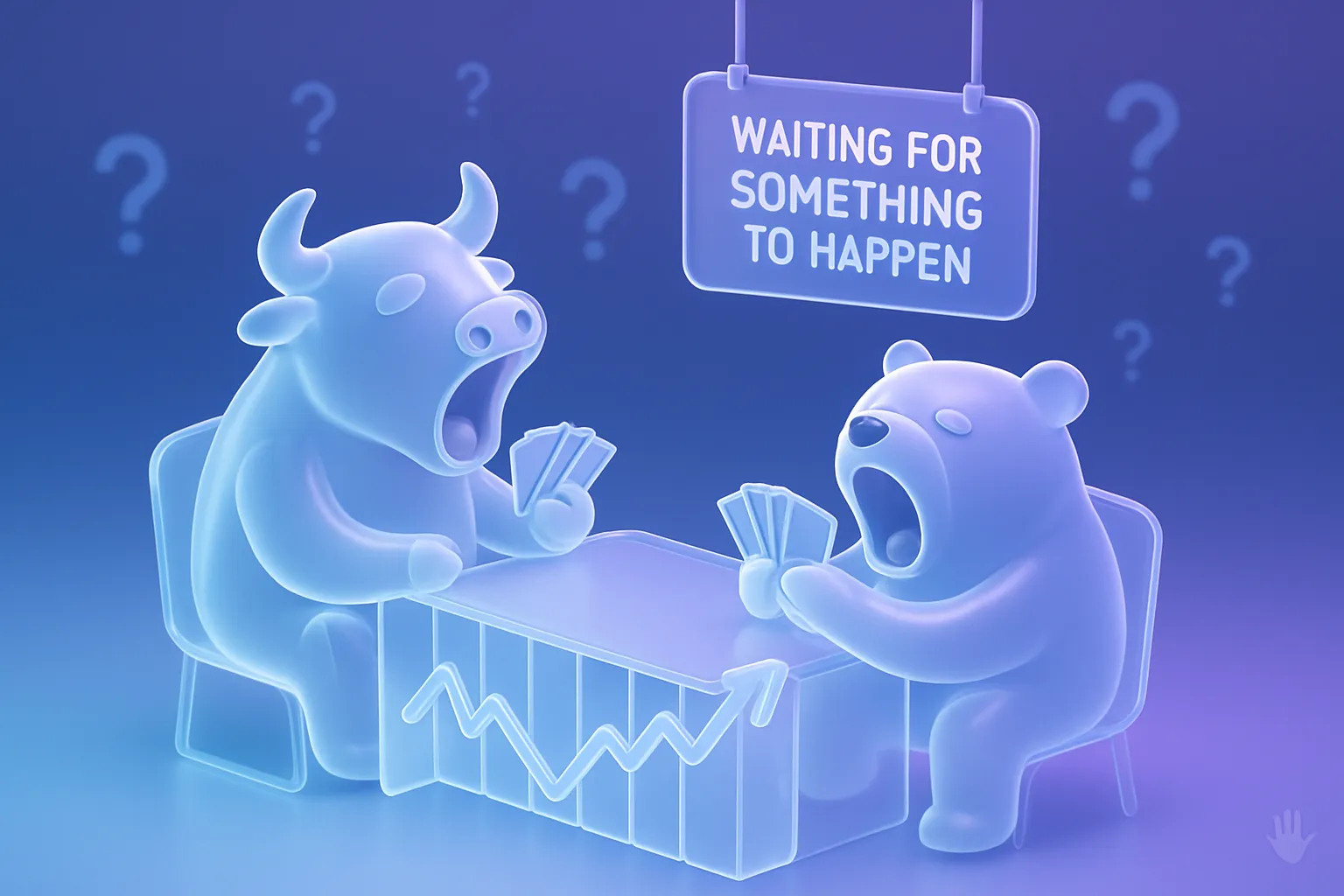 Bulls and bears play cards on chart table, yawning under 'SOMETHING TO HAPPEN' sign, in glassmorphism with neon lighting.