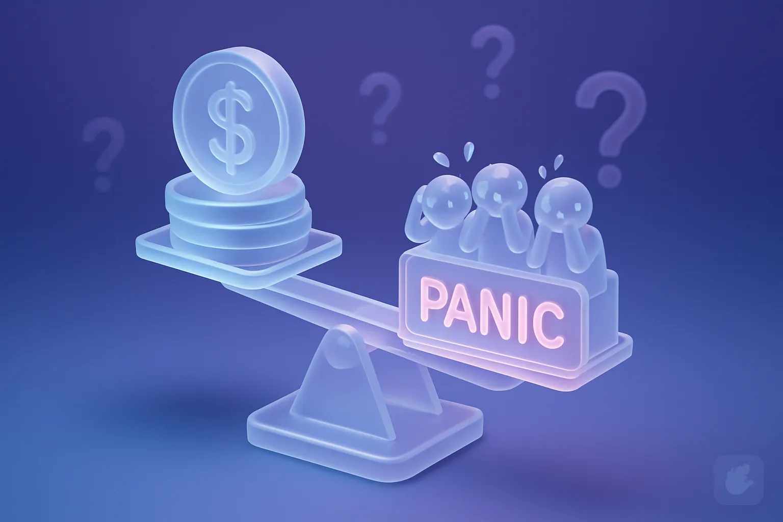 Balance scale tips towards 'PANIC' side with sweating investors, in glassmorphism style, blue-purple gradient, 8k isometric view.
