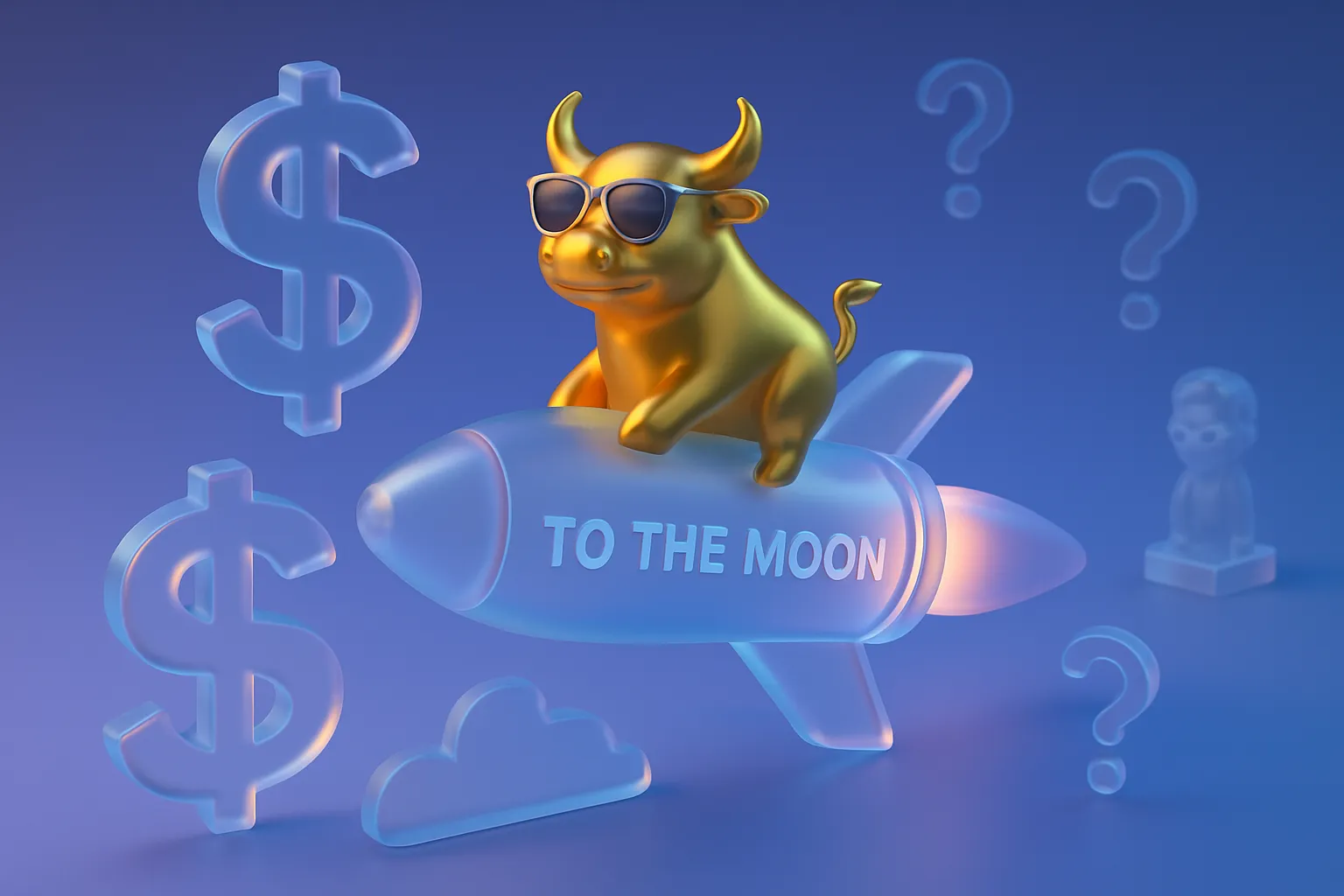 Golden bull in aviator sunglasses on rocket labeled 'TO THE MOON', with glass dollar clouds, blue-purple gradient, JPow figure.