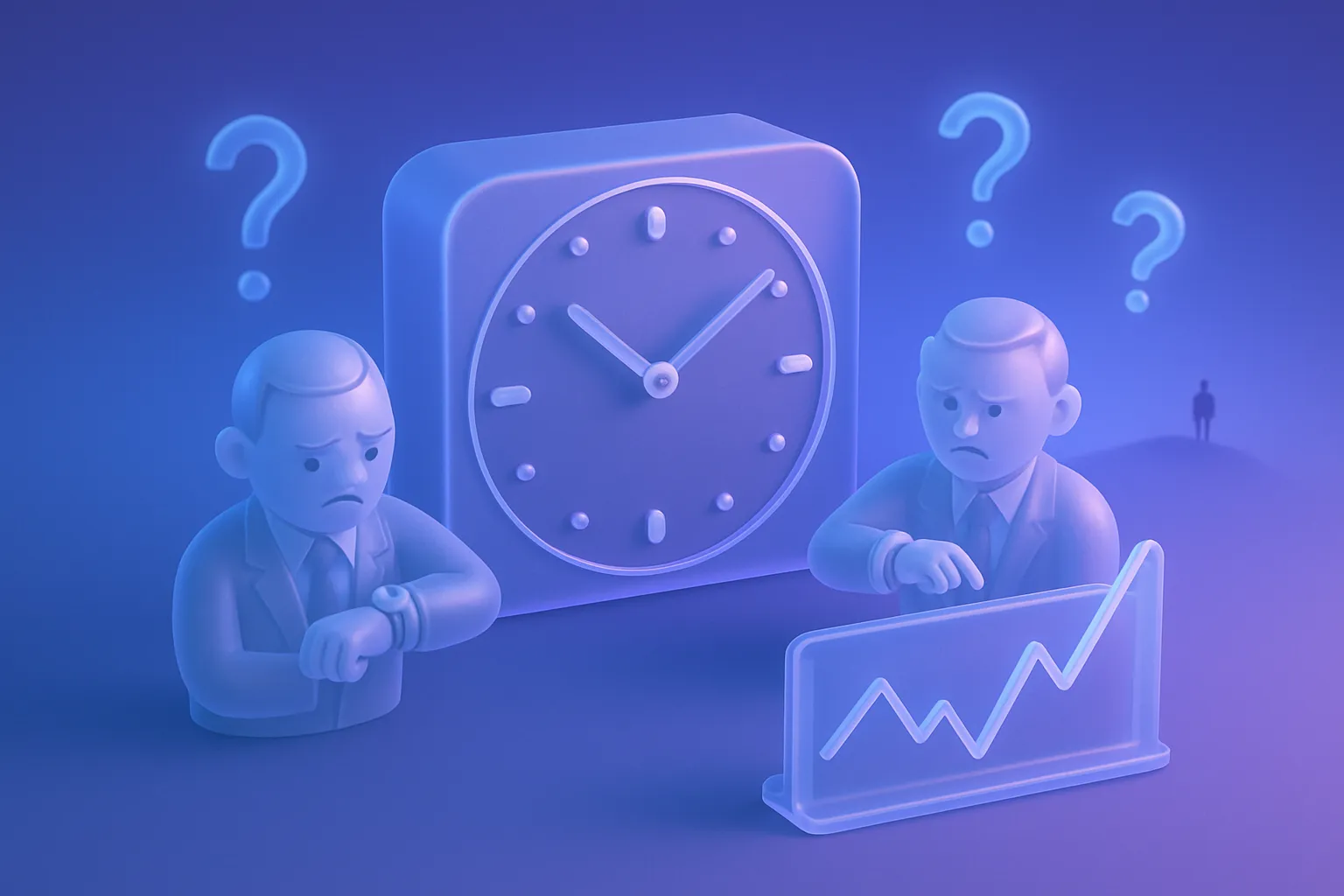 Translucent clock with stopped hands, investors tapping watches, frozen market graph, blue-purple gradient, tiny Elon silhouette.