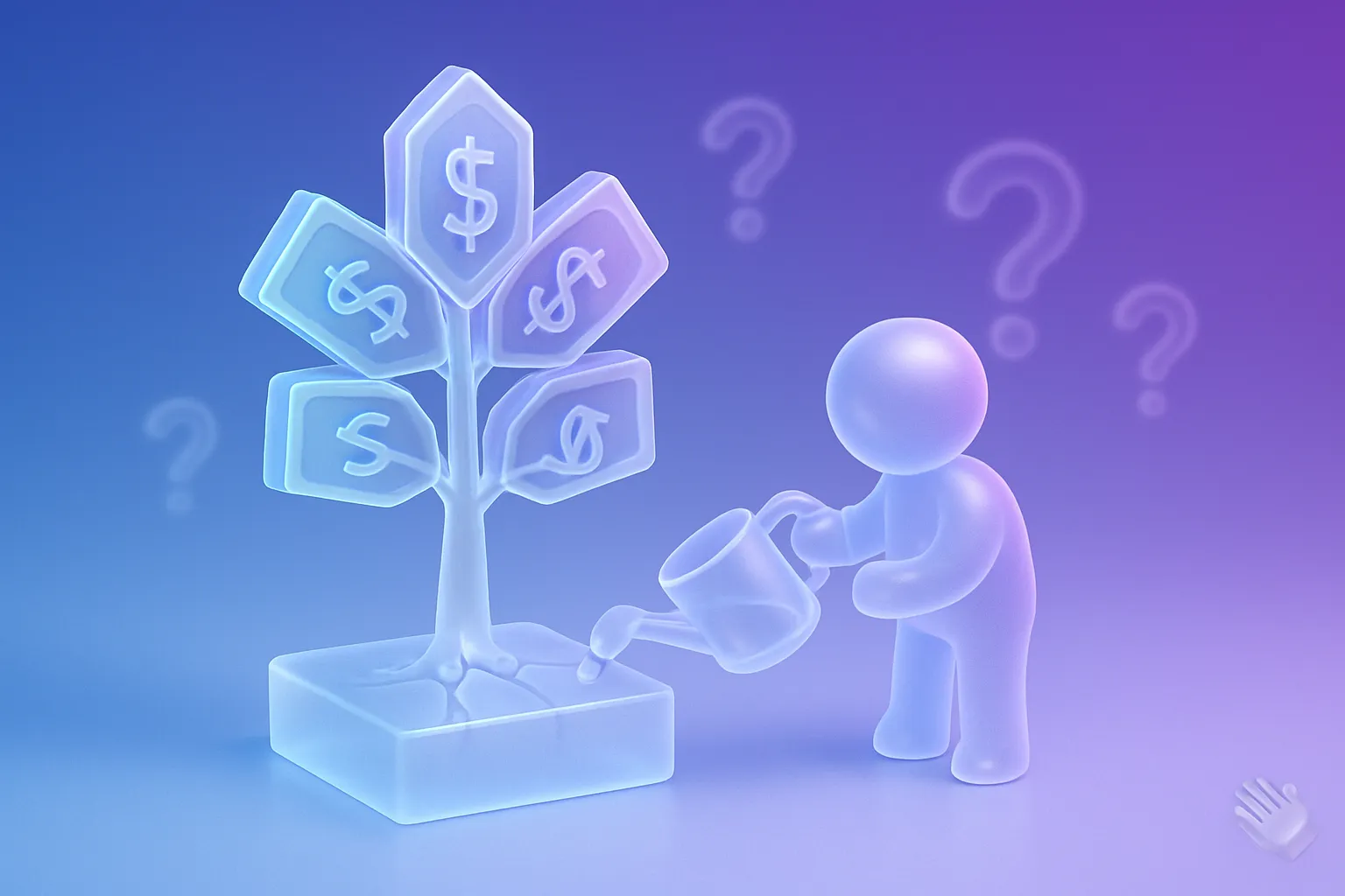 Crystal money tree with cracks at base, retail investors watering it. Blue-purple gradient, floating question marks, subtle paper hands emoji.