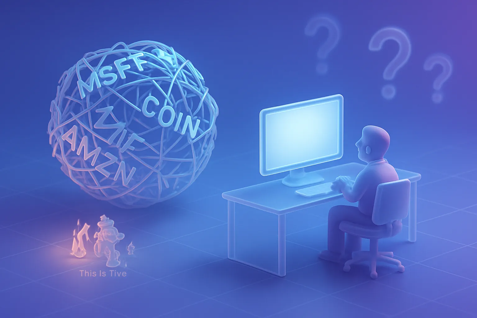 Tumbleweed of ticker symbols on empty trading floor, lone trader at blank screen, floating question marks, 'This is fine' dog.