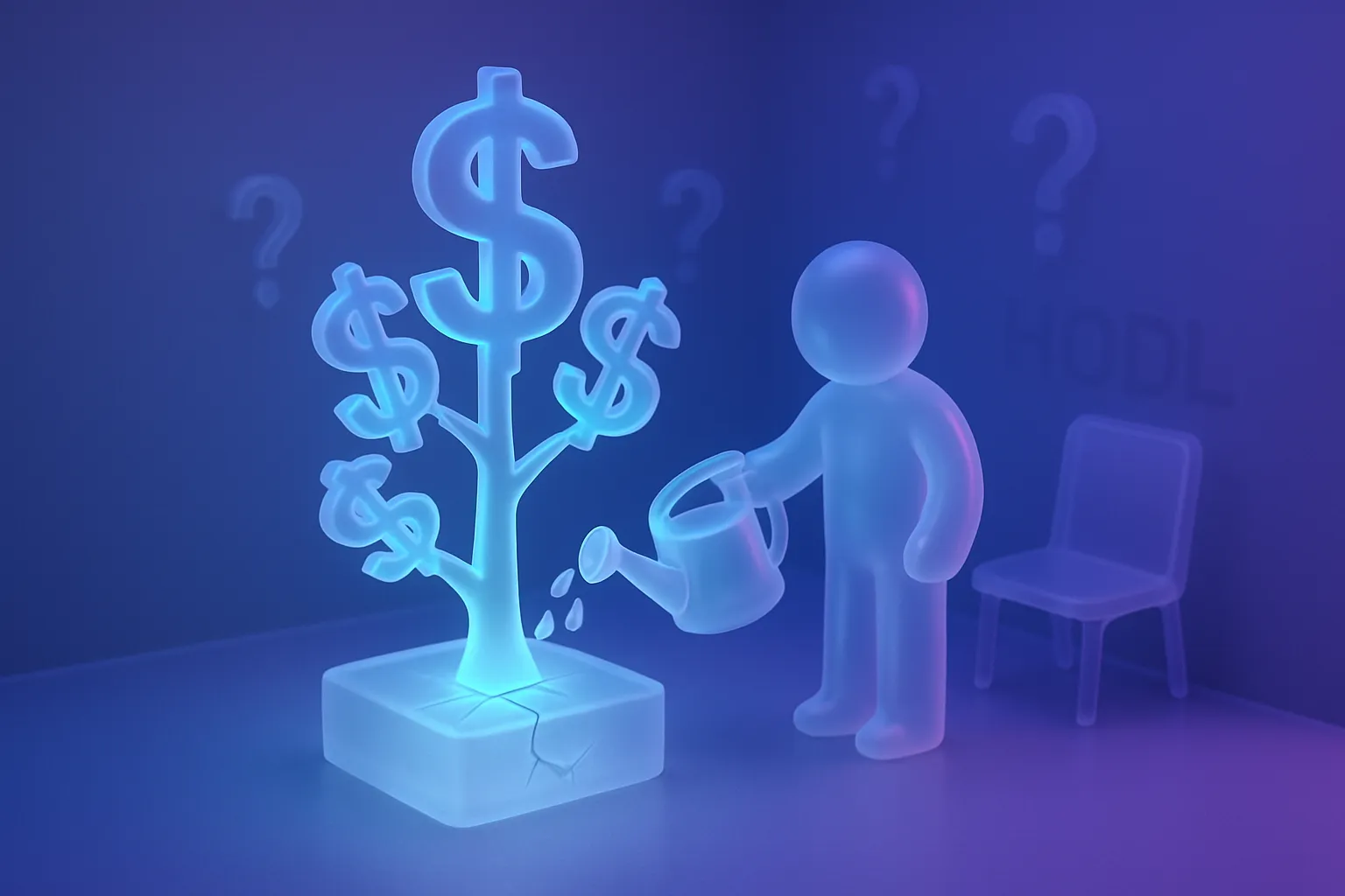 Crystal money tree with cracks, retail investors watering, blue-purple gradient, floating question marks, 'HODL' graffiti.
