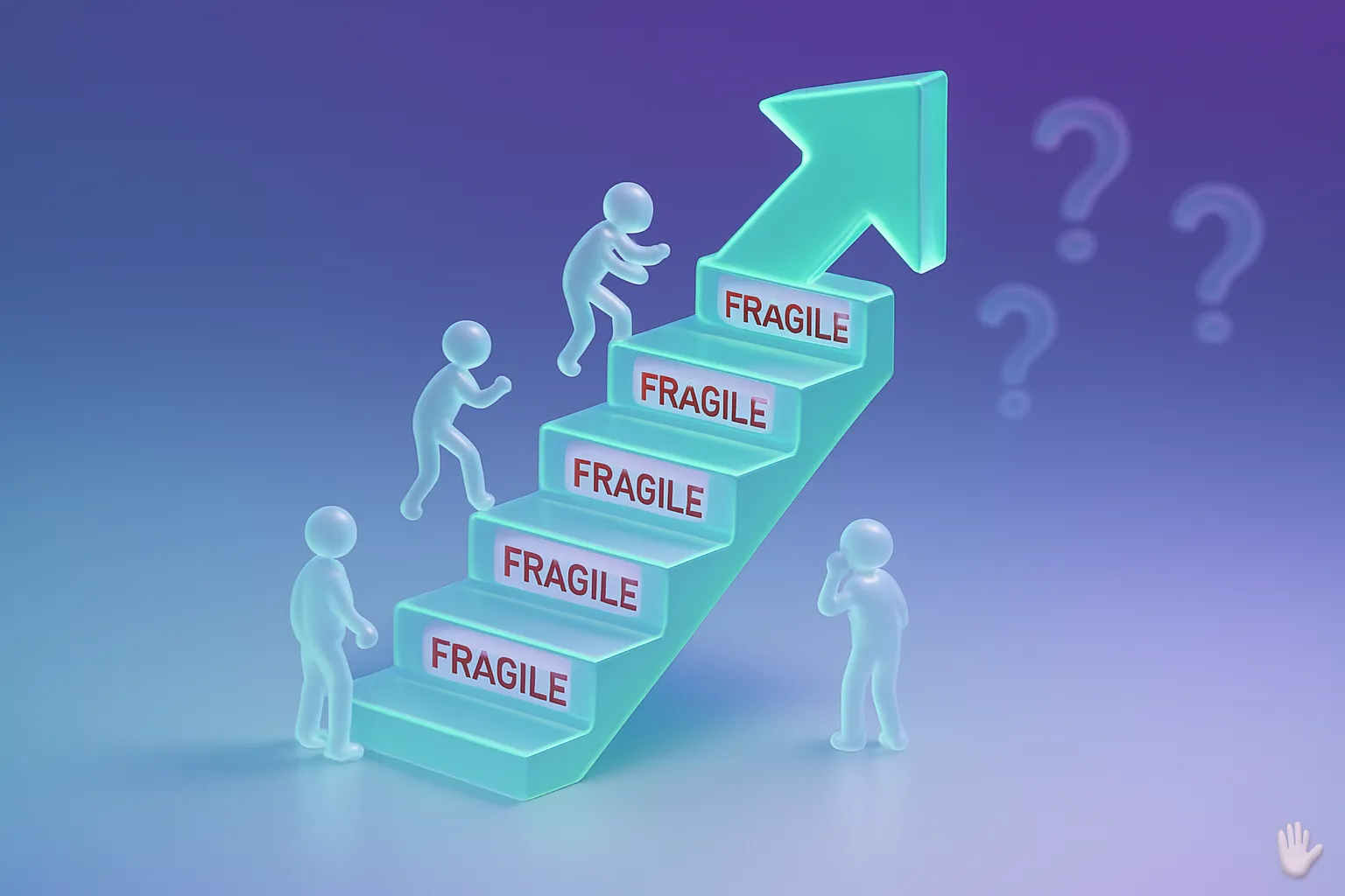 Green arrow stairs in glassmorphism style with 'FRAGILE' signs; tiny figures climbing, set in blue-purple gradient.