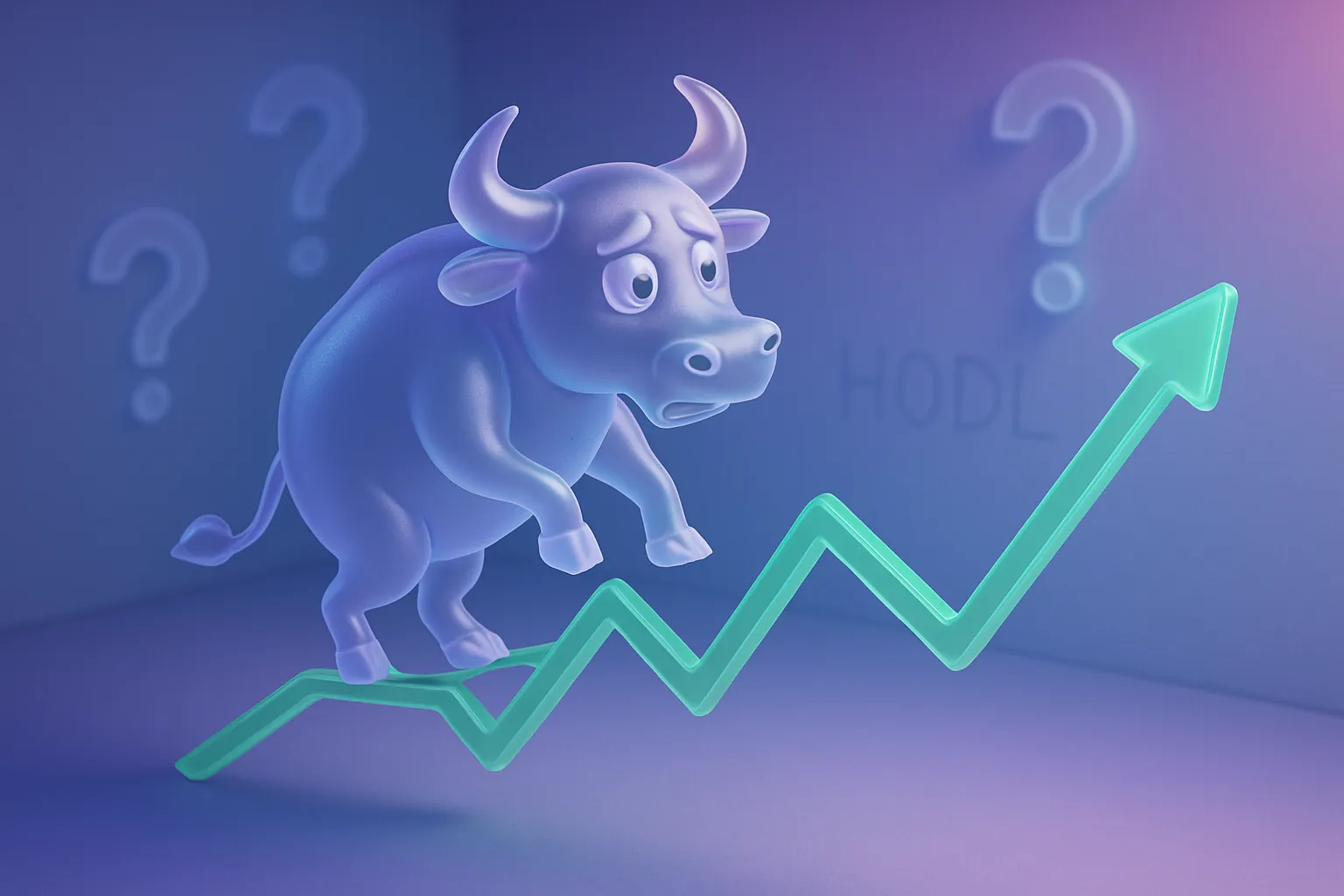 Nervous glass bull tiptoes on tightrope of green chart lines, neon-lit, blue-purple gradient, financial uncertainty mood.