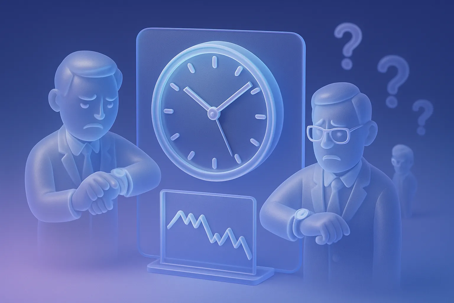 3D glassmorphism art of a stopped clock with investors tapping watches, frozen graph, JPow figure, and floating question marks.
