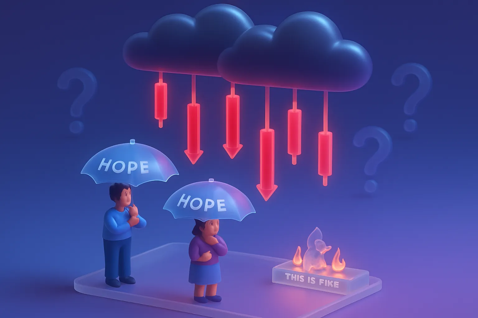 Red candle arrows rain from dark clouds; tiny investors with 'HOPE' umbrellas, 'This is fine' dog amidst flames, blue-purple glow.