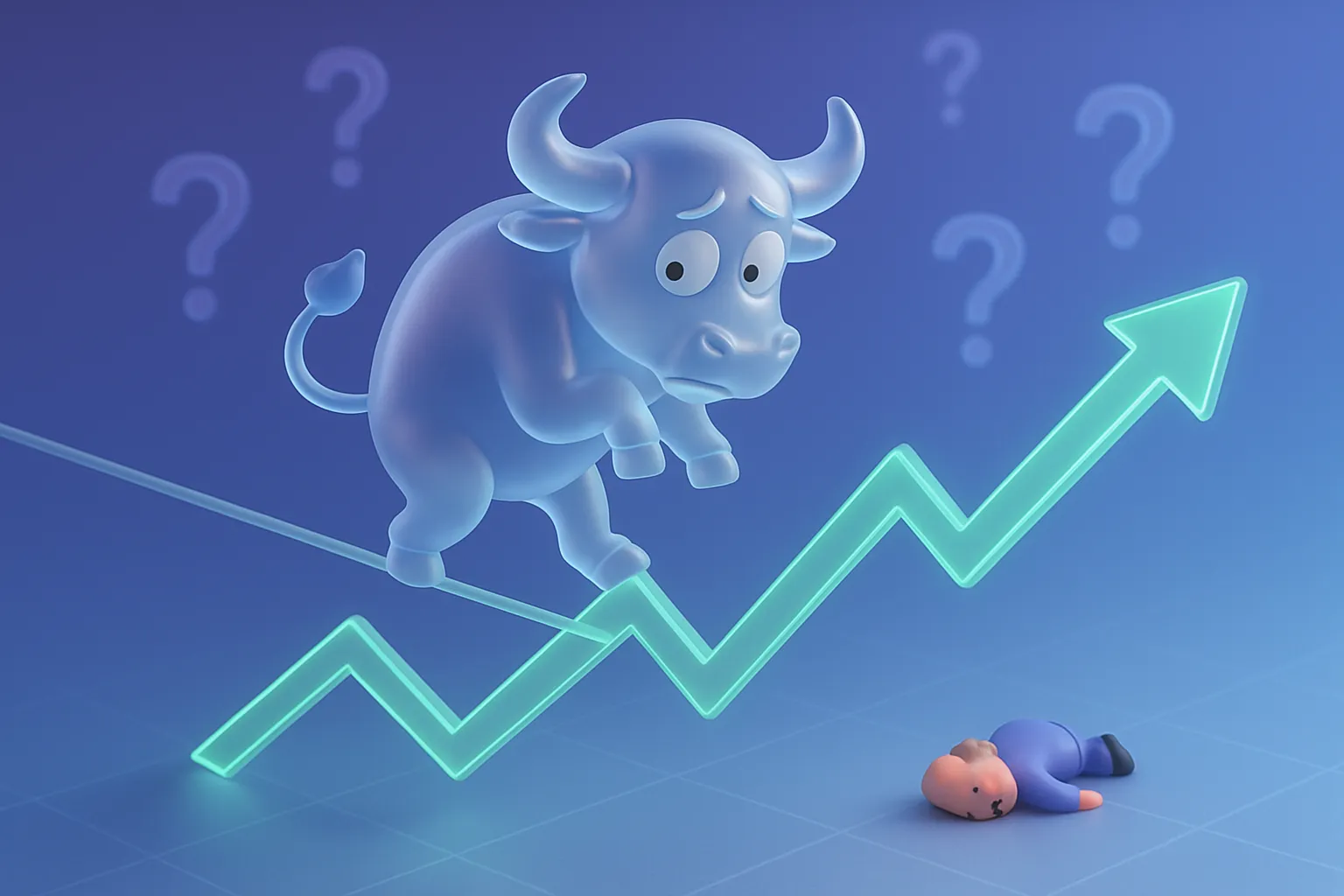 Nervous glass bull tiptoes on tightrope of green chart lines, blue-purple gradient, floating question marks, Cramer figure.