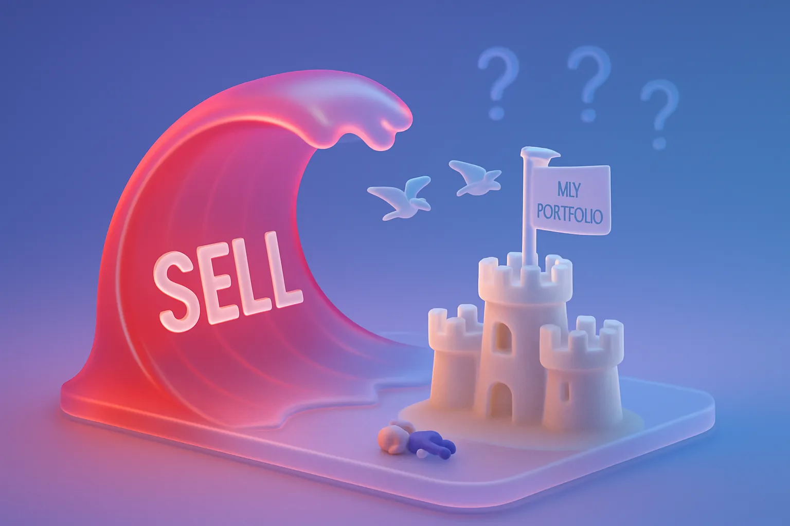 Red glass tsunami labeled 'SELL' engulfs 'MY PORTFOLIO' sandcastle, seagulls watch, Cramer figure face-down, uncertain mood.