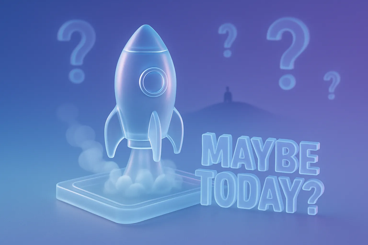Glass rocket on launch pad with 'MAYBE TODAY?' in ice, blue-purple gradient, floating question marks, Elon silhouette.