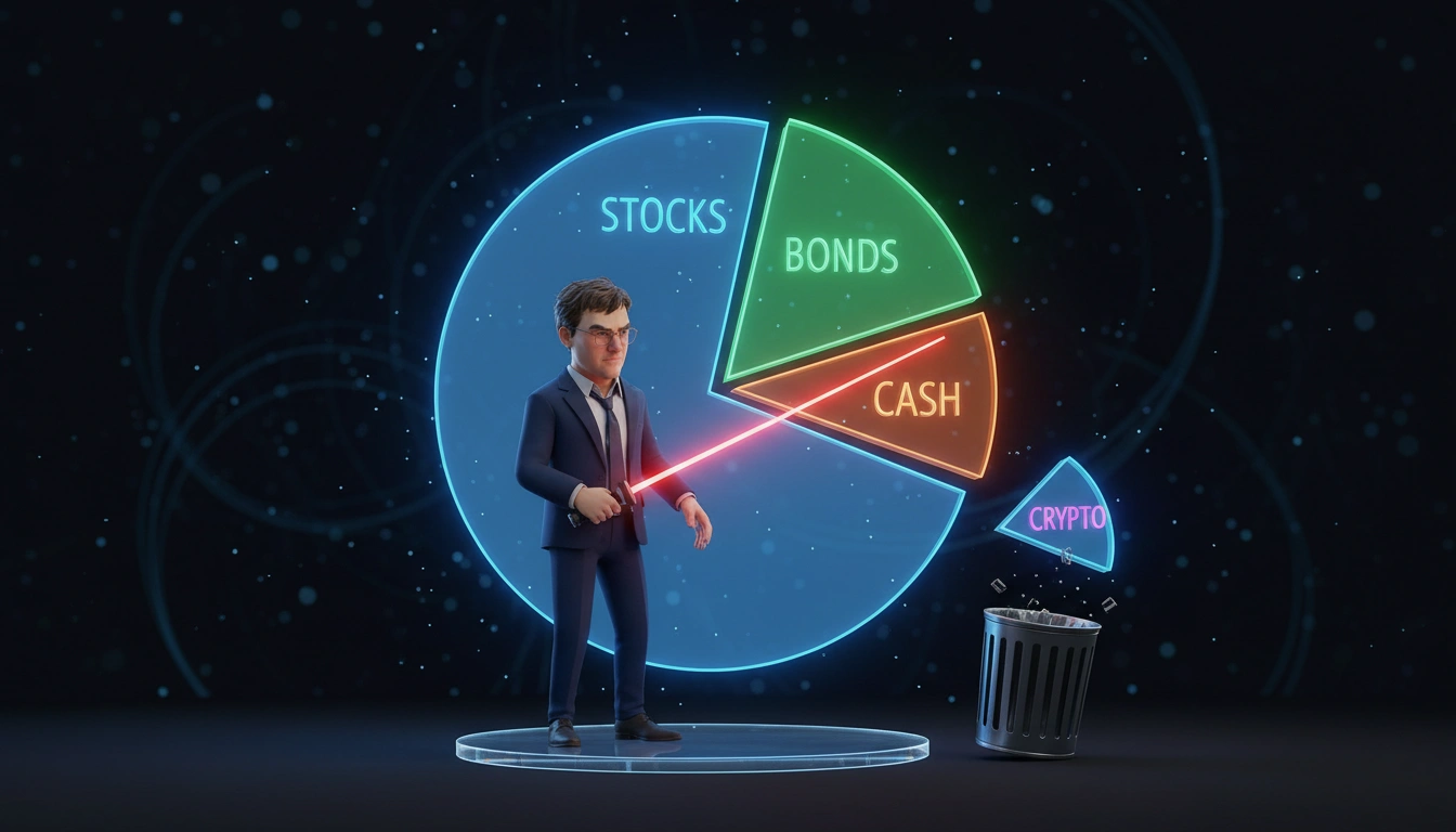 Larry the Bear dividing a pie chart between stocks, bonds and cash