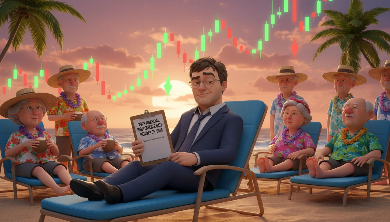 Larry calculating his financial independence date on a tropical beach