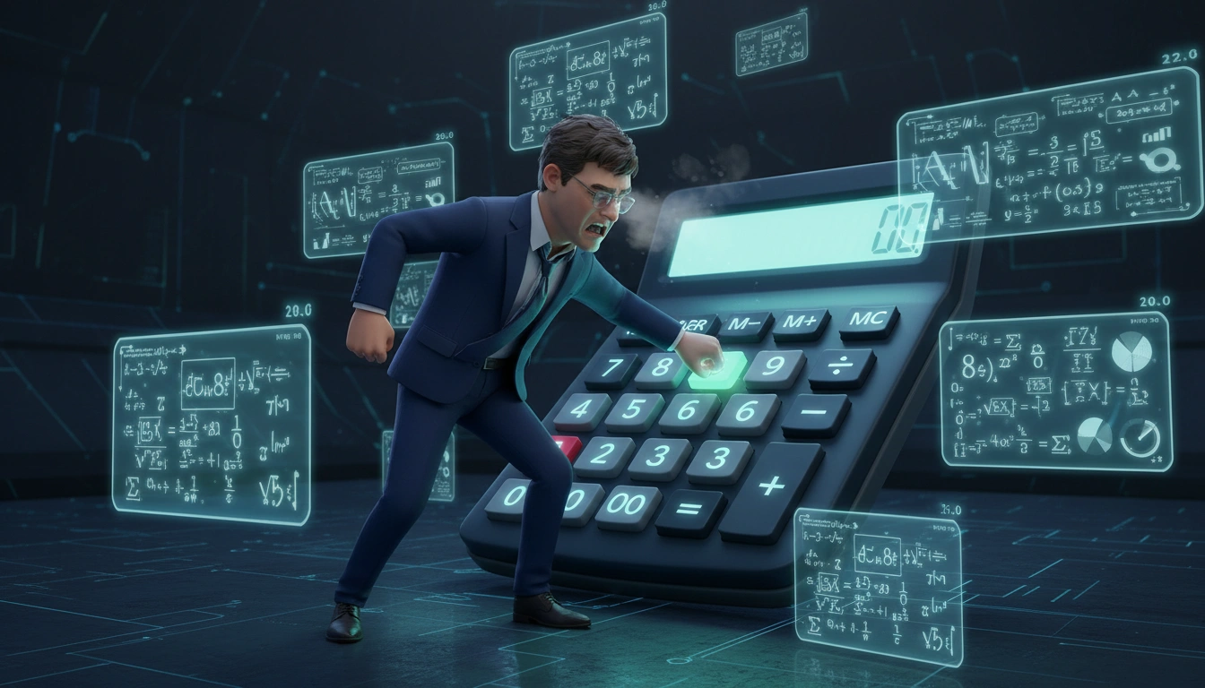 Larry punching numbers into a giant glowing calculator