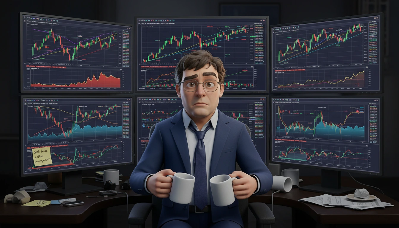 Larry with six monitors, two empty coffees, watching tickers go everywhere